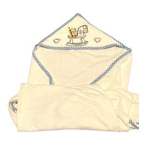 Vintage Hooded Towel Blanket Embroidered Rocking Horse Teddy Bear Handmade Large